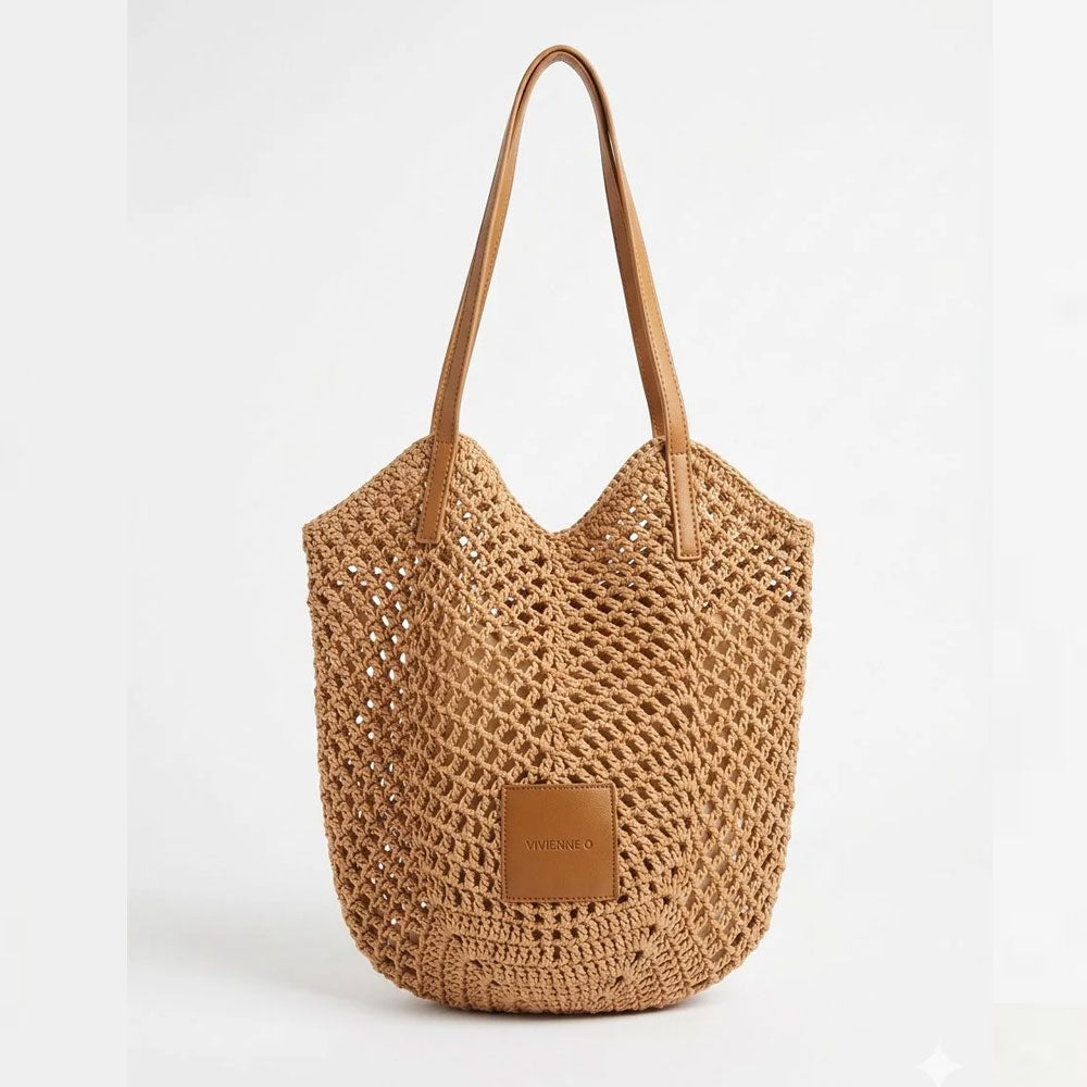 Vivienne D Borsa Mare in Paglia con Manico Pelle Colore Cammello