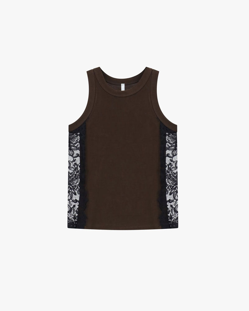 Imperial Top Smanicato Girocollo con Inserti in Pizzo Laterali Colore Fondente