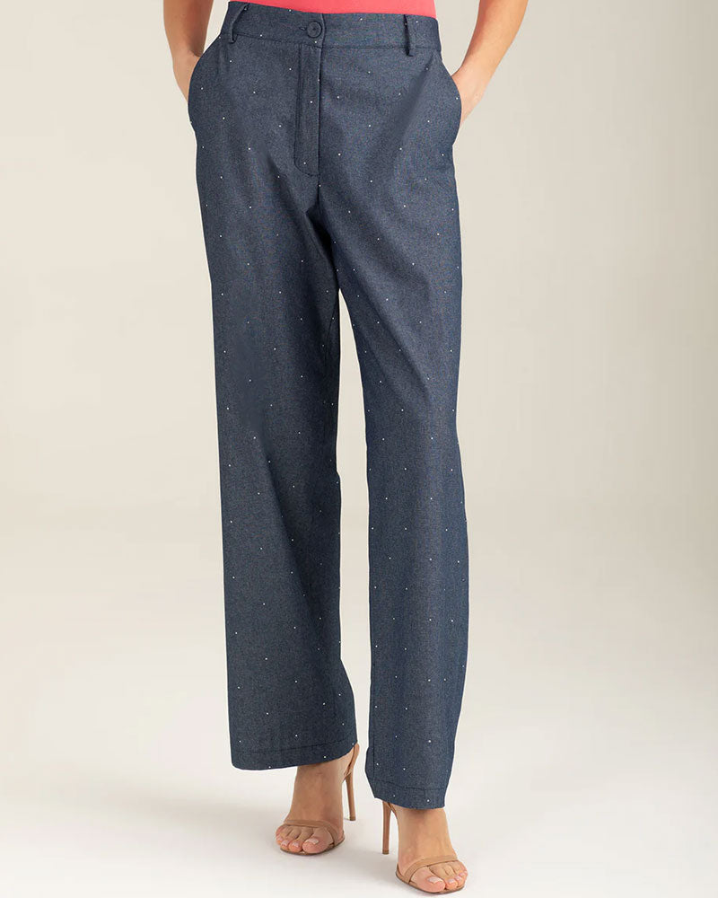 Fred Mello Pantaloni a Palazzo con Strass Colore Indigo