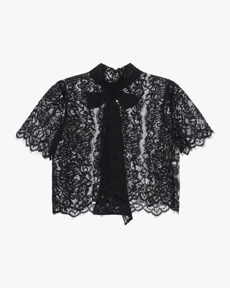 Imperial Top Corto in Pizzo con Maniche Corte e Collo Alto Colore Nero