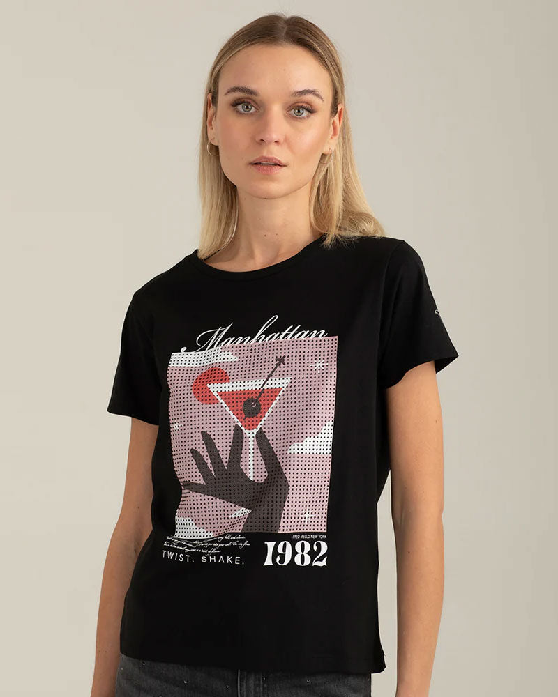 Fred Mello T-Shirt Girocollo con Grafica e Strass Colore Nero