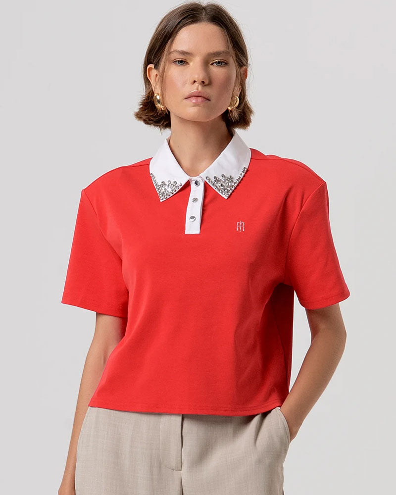 Fracomina Polo Cropped con Maniche Corte Colore Rosso
