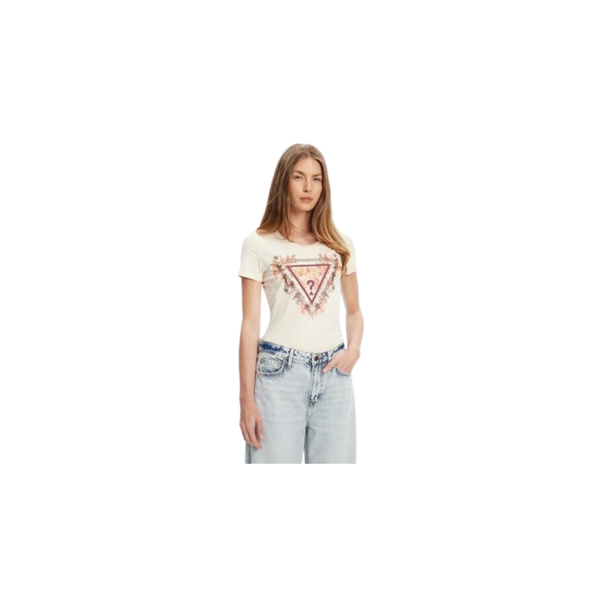 Guess T-shirt logo triangolo floreale Beige