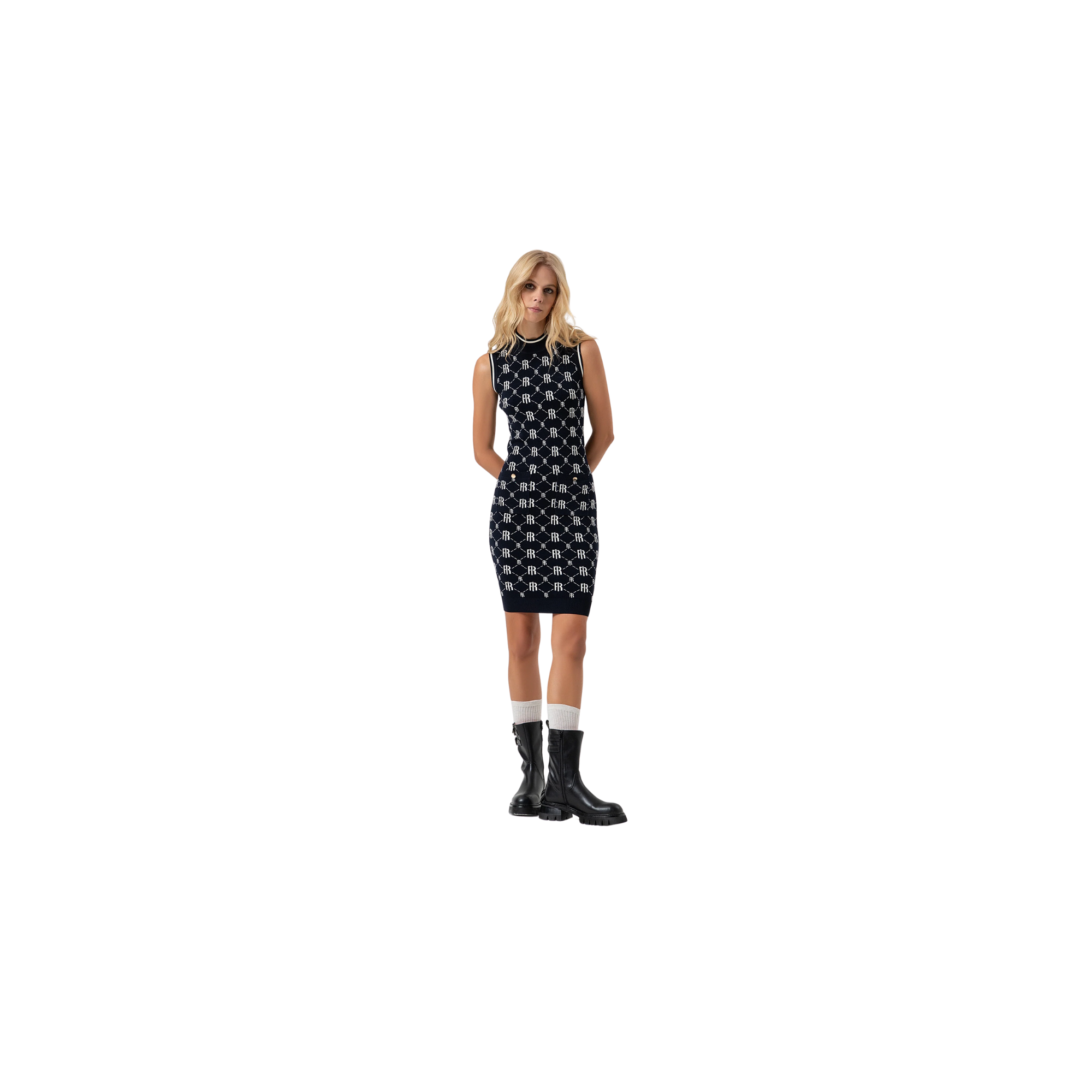 Fracomina Abito slim mini in jacquard logo Bianco\Nero