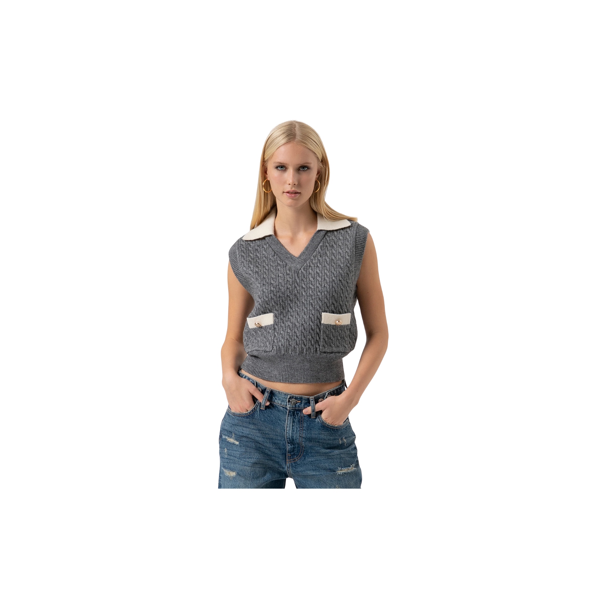 Fracomina Gilet regular in maglia con punto trecci Grigio\Bianco