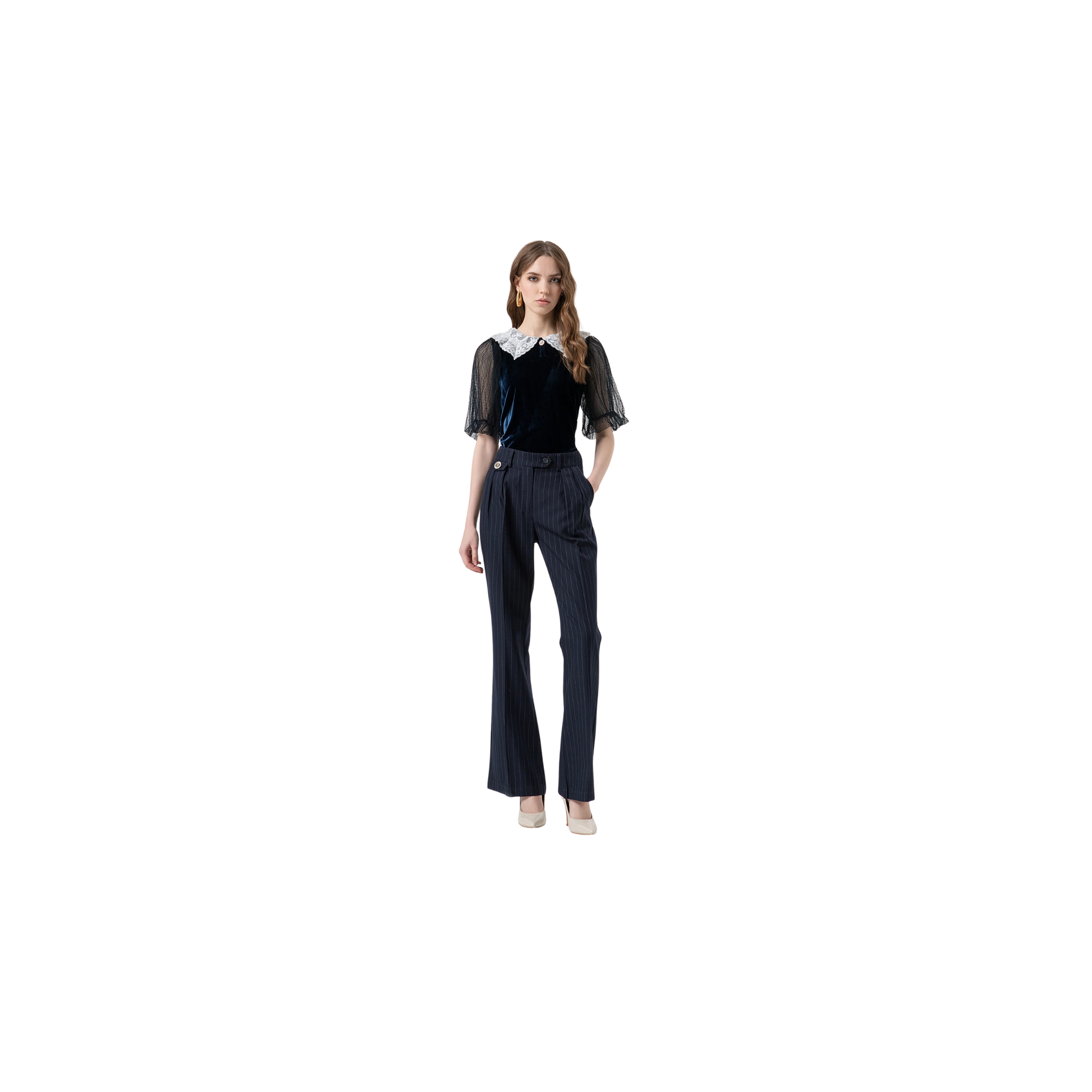 Fracomina Pantalone flare in fantasia gessata Blu navy