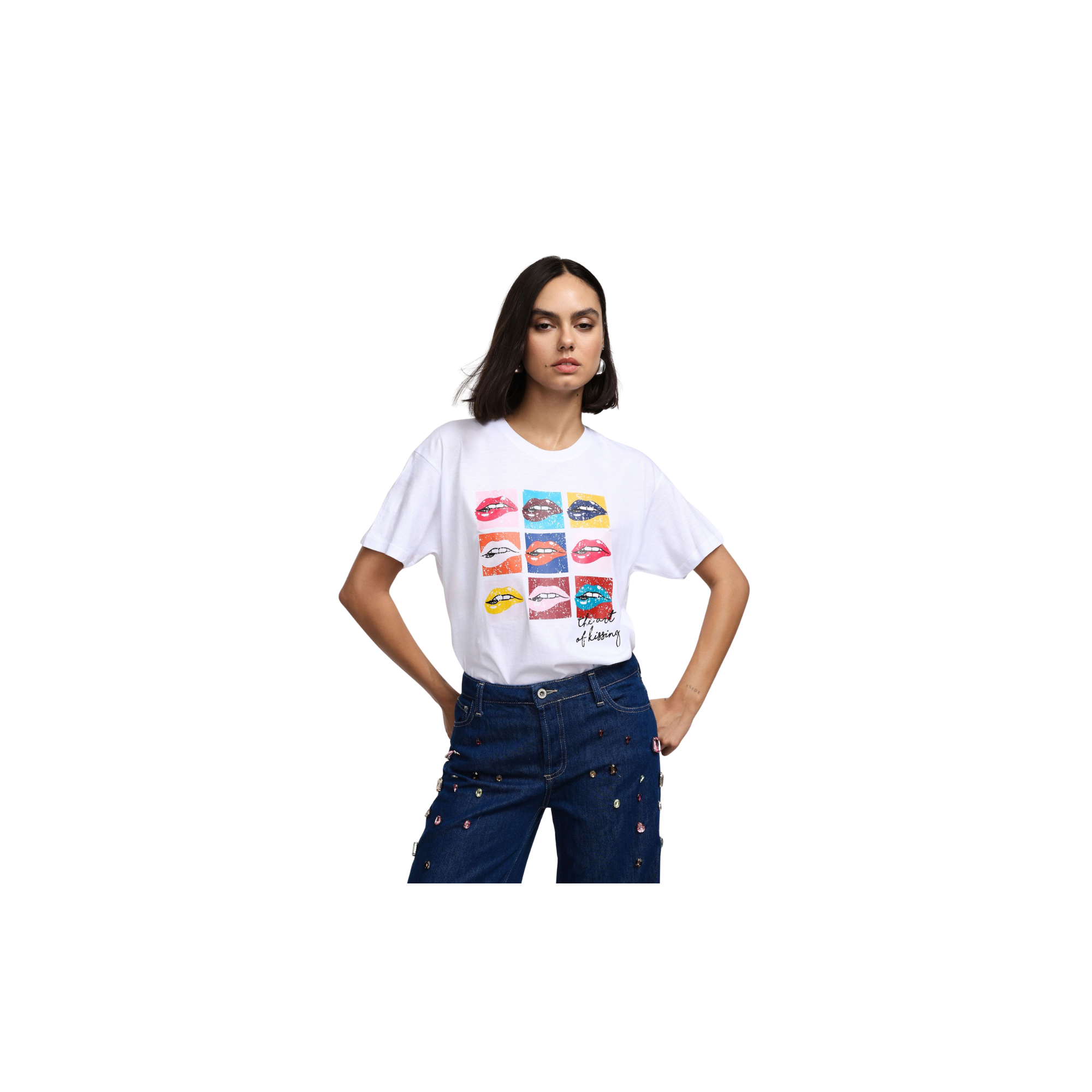 Please T-shirt stampa pop grafica con girocollo 1100