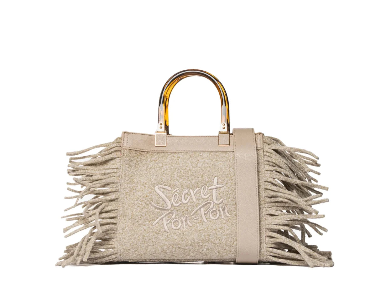 Secret Pon Pon Borsa Jacqueline Tote Small con Frange Colore Crema