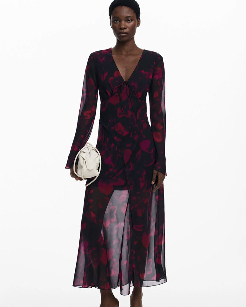 Desigual Abito Lungo Fluido a Fiori Colore Nero Rosso