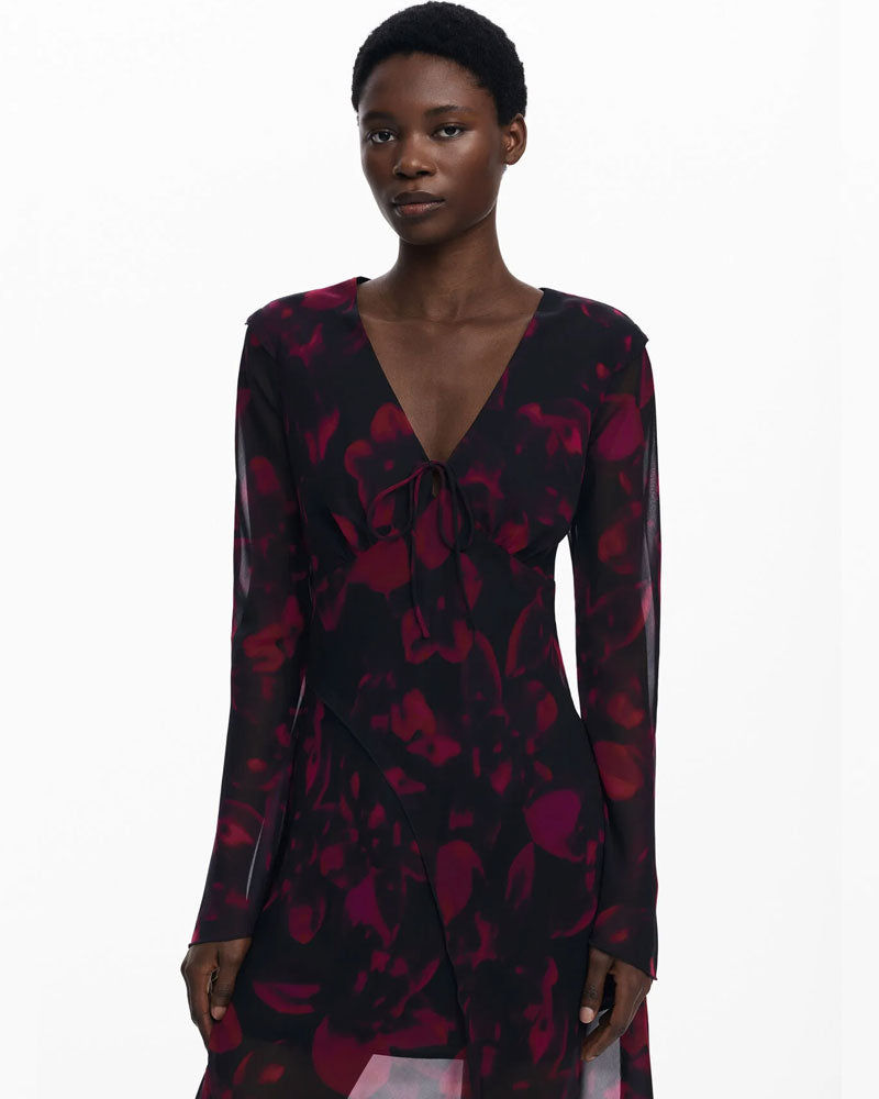 Desigual Abito Lungo Fluido a Fiori Colore Nero Rosso