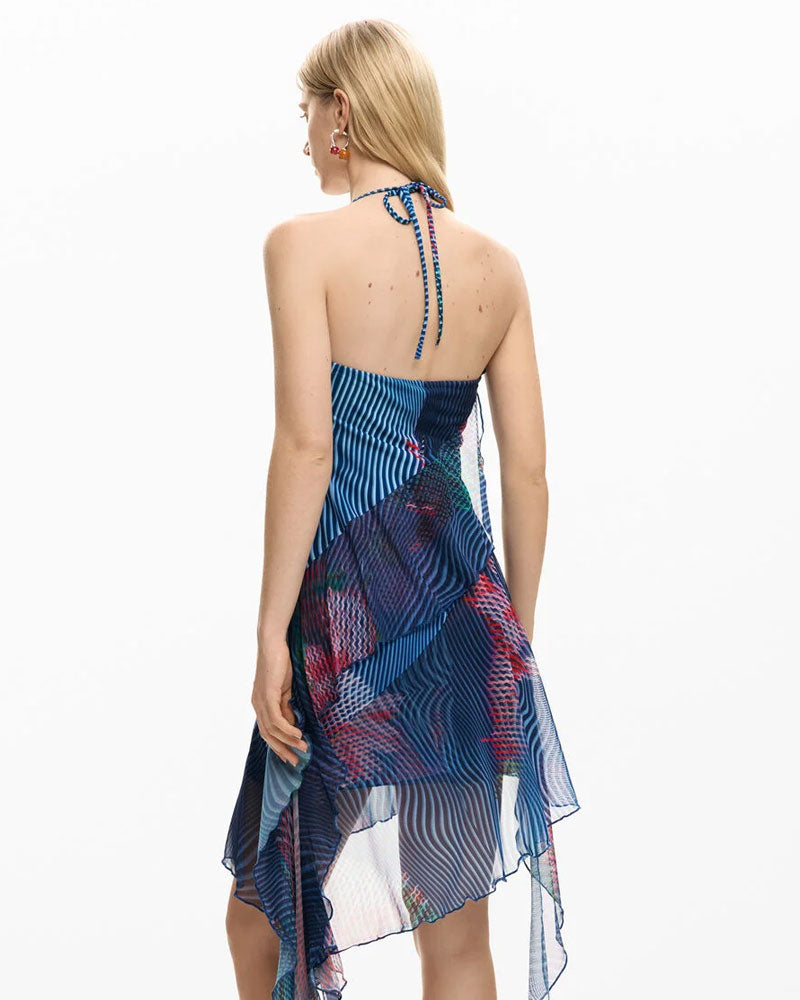 Desigual Abito con Volant Pixelato Colore Blu