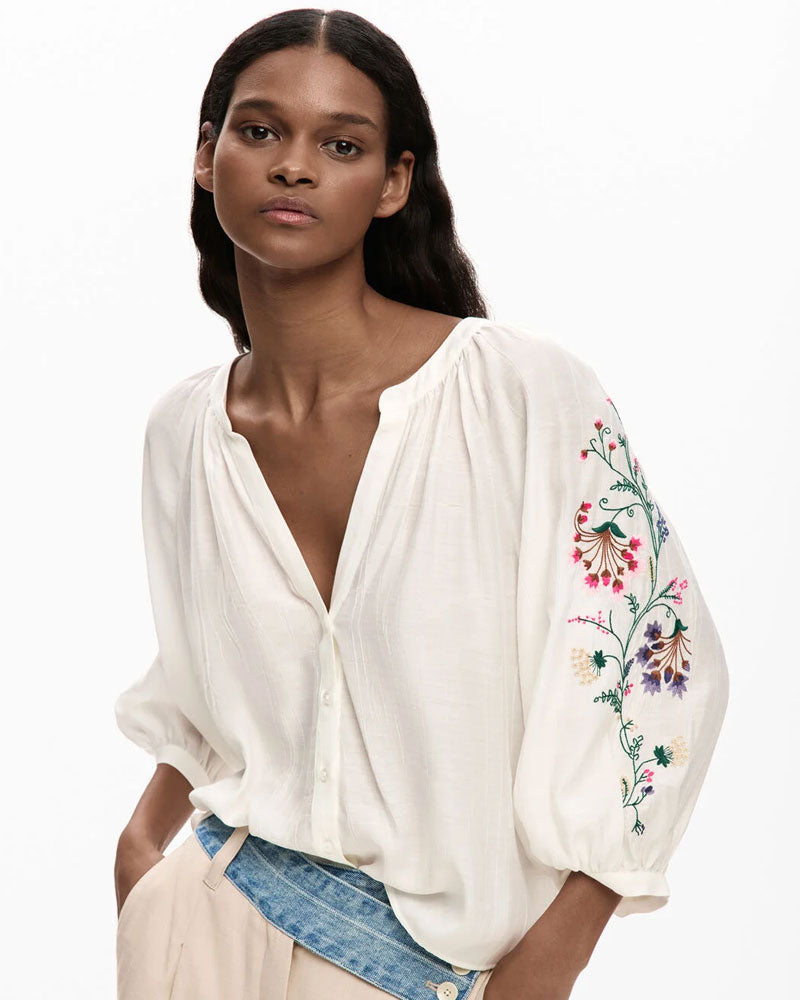 Desigual Blusa Maniche Ricamate Colore Bianco