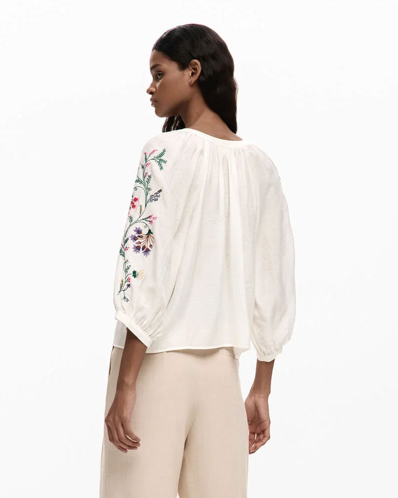 Desigual Blusa Maniche Ricamate Colore Bianco