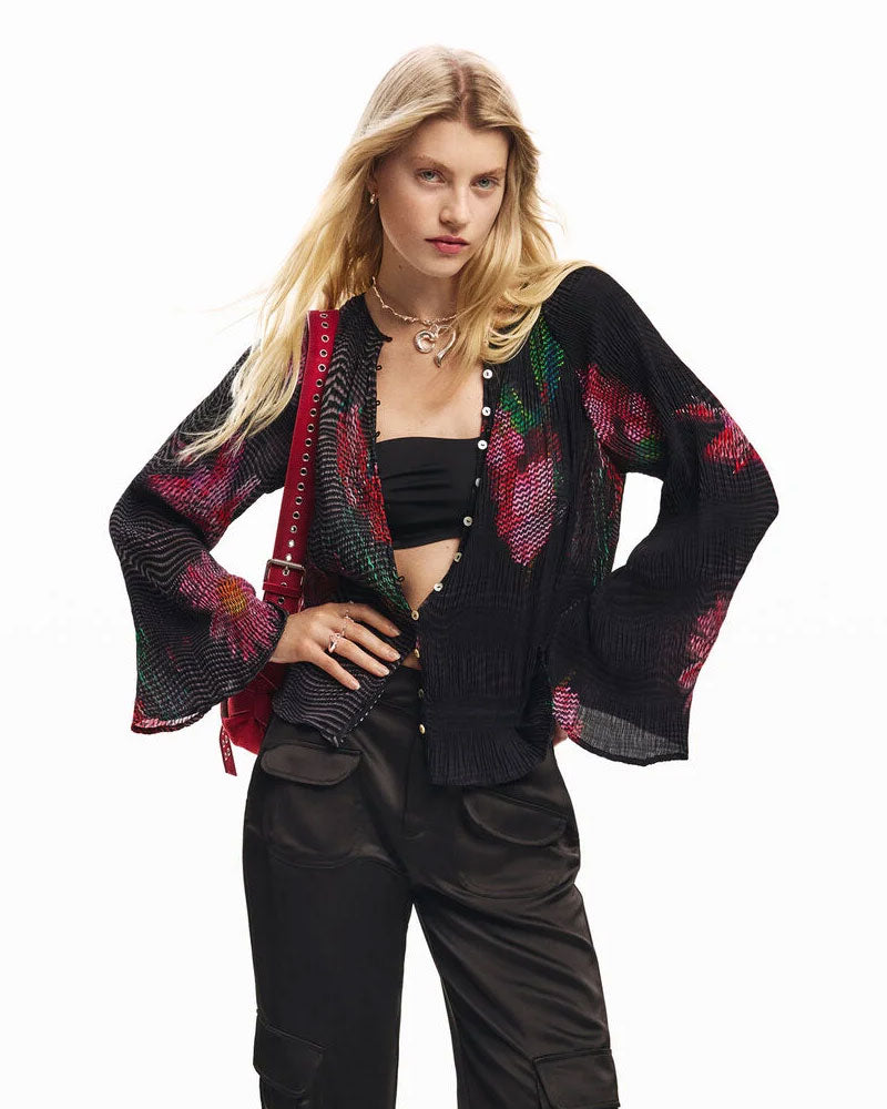 Desigual Blusa con Fiore Pixelato Colore Nero