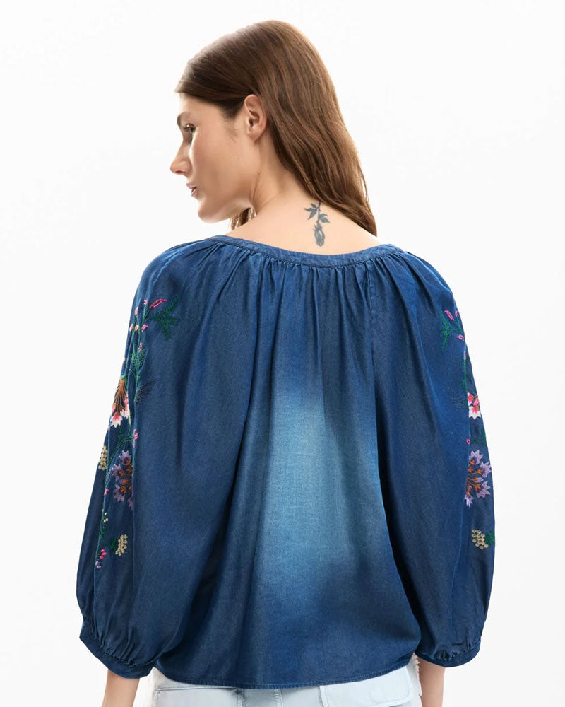 Desigual Blusa con Ricami a Sbuffo Colore Blu