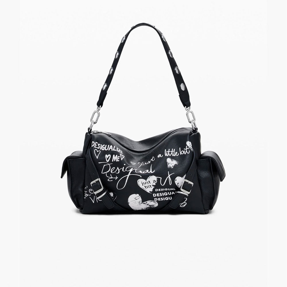 Desigual Borsa Bowling Effetto Pelle Lettere Media Colore Nero