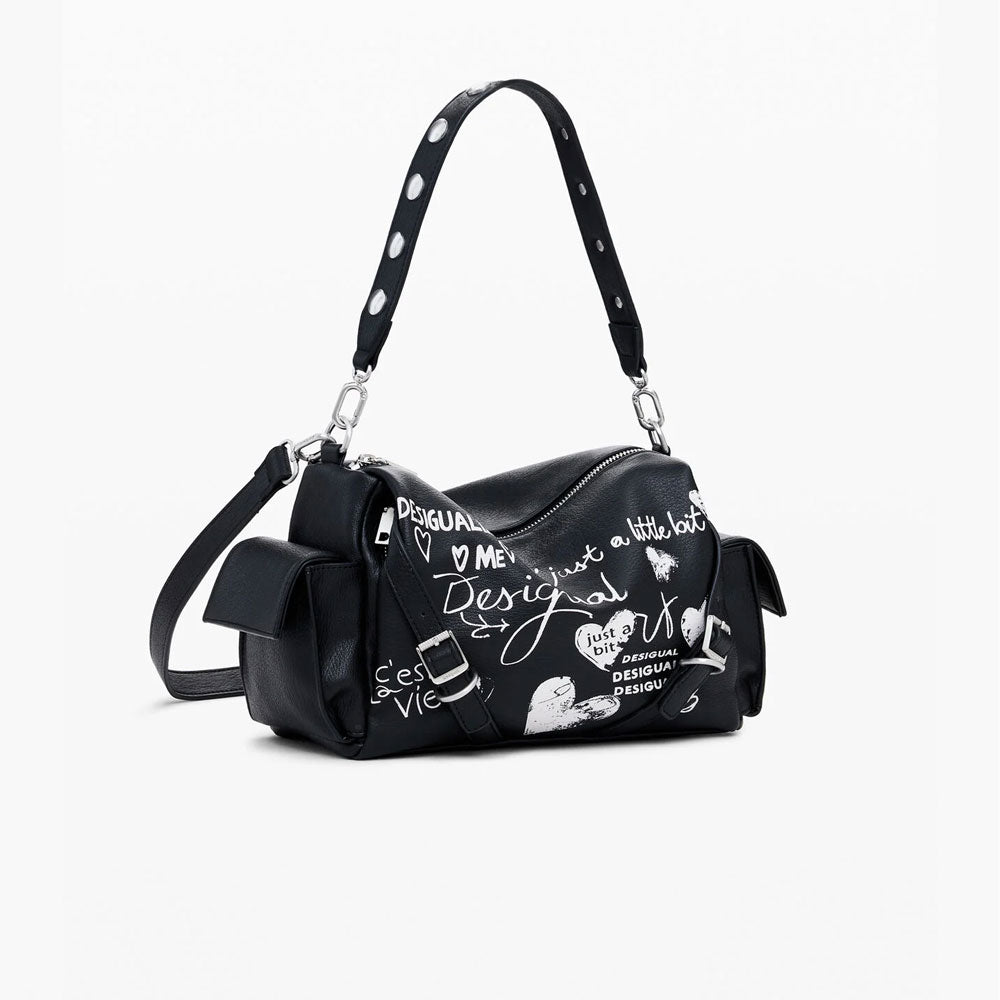 Desigual Borsa Bowling Effetto Pelle Lettere Media Colore Nero