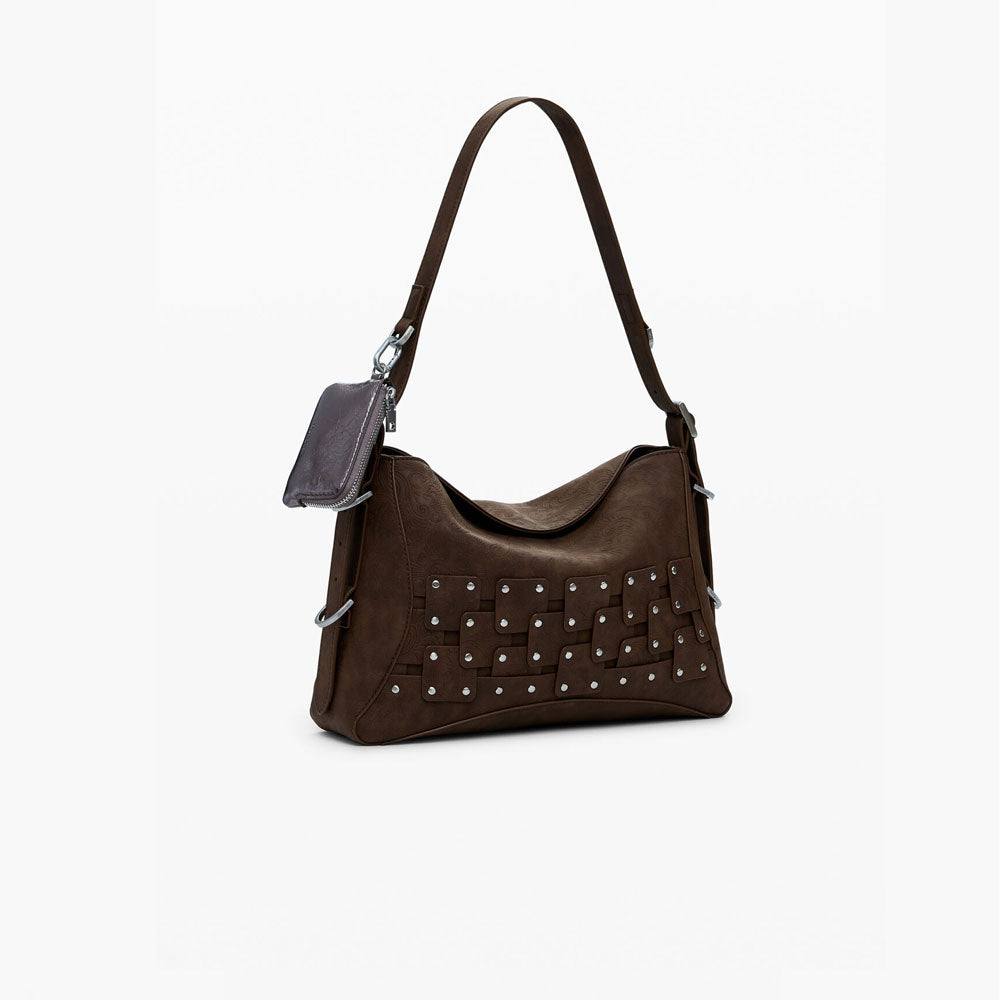 Desigual Borsa a Mano Media con Patch e Borchie Colore Marrone