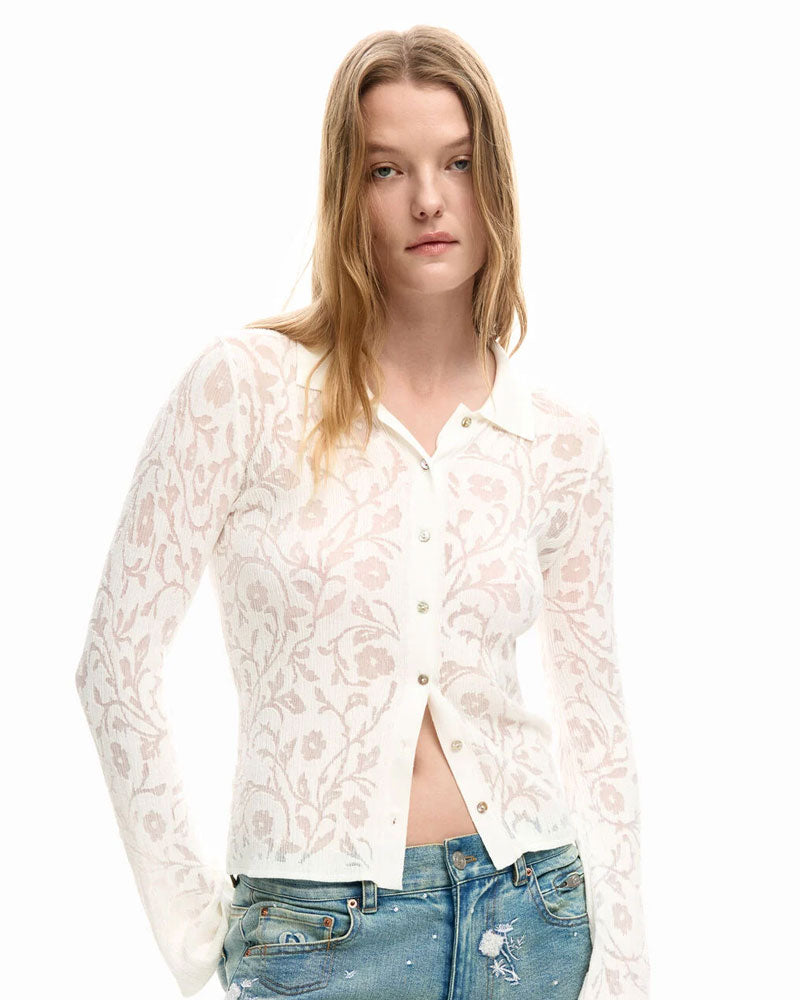 Desigual Camicia in Maglia a Manica Lunga Colore Bianco