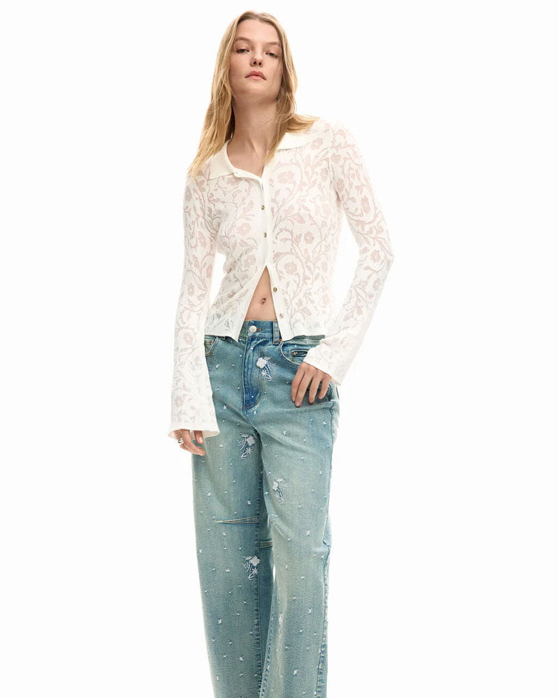 Desigual Camicia in Maglia a Manica Lunga Colore Bianco