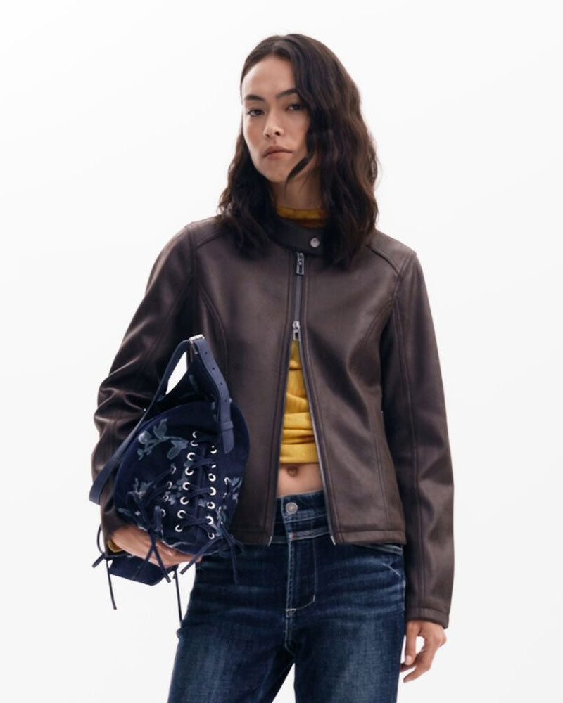 Desigual Giacca Effetto Pelle Combinata da Donna Colore Marrone