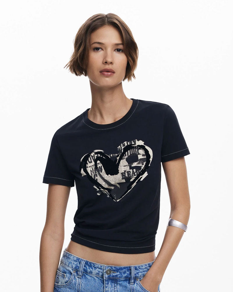 Desigual Maglietta Cuore Giornale da Donna Colore Nero