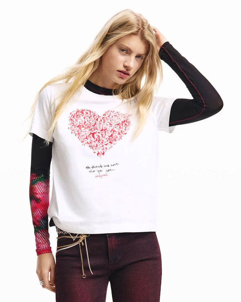 Desigual Maglietta Maniche Corte con Cuore Colore Bianco