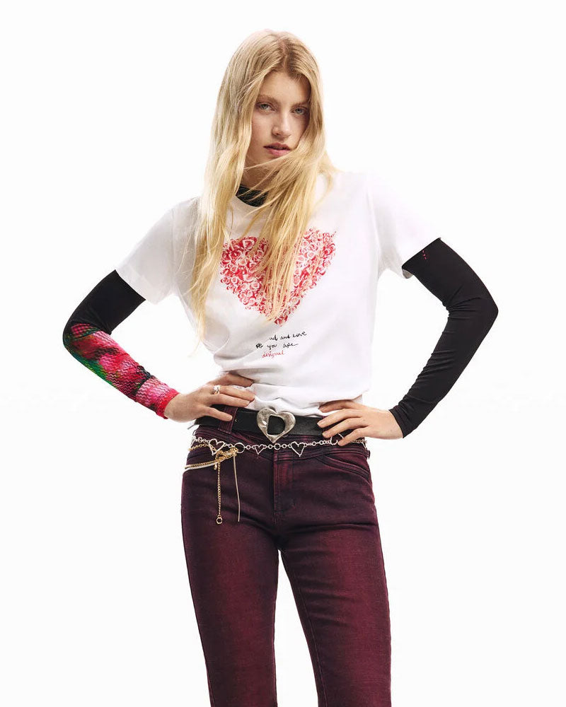 Desigual Maglietta Maniche Corte con Cuore Colore Bianco