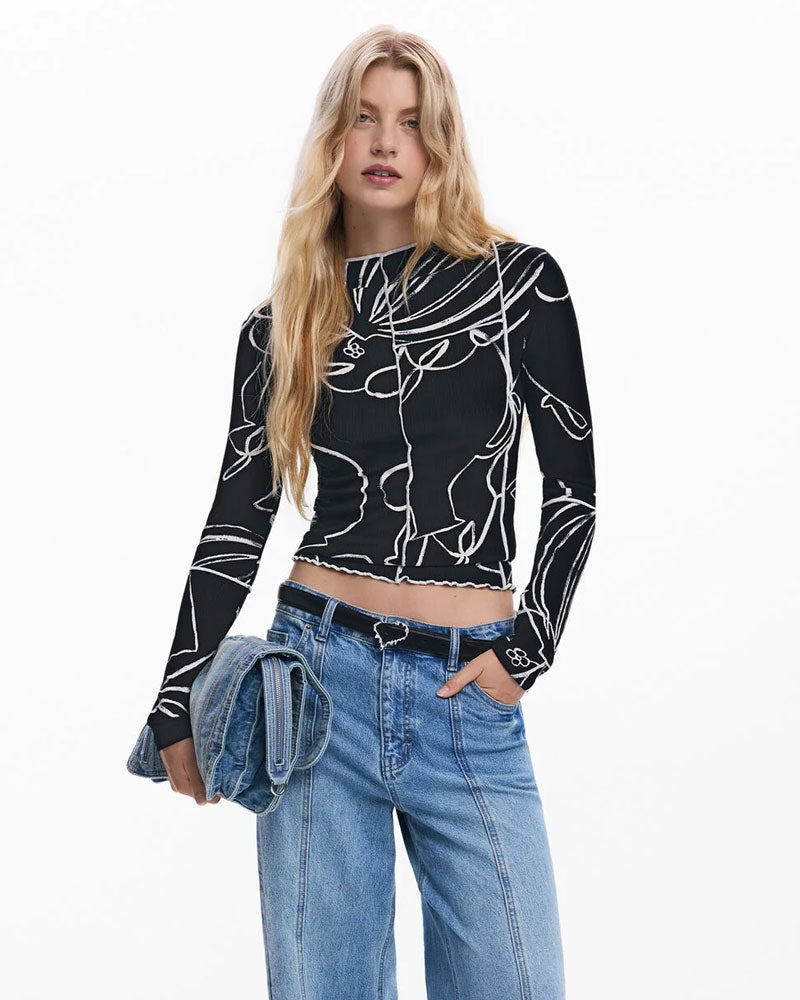 Desigual Maglietta Stampa Silhouette Vasi Colore Nero da Donna