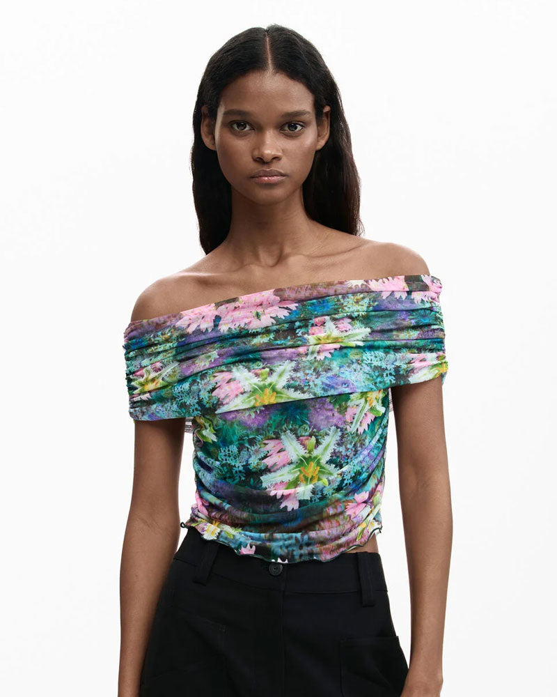 Desigual Maglietta a Fiori con Scollo a Barca Colore Verde