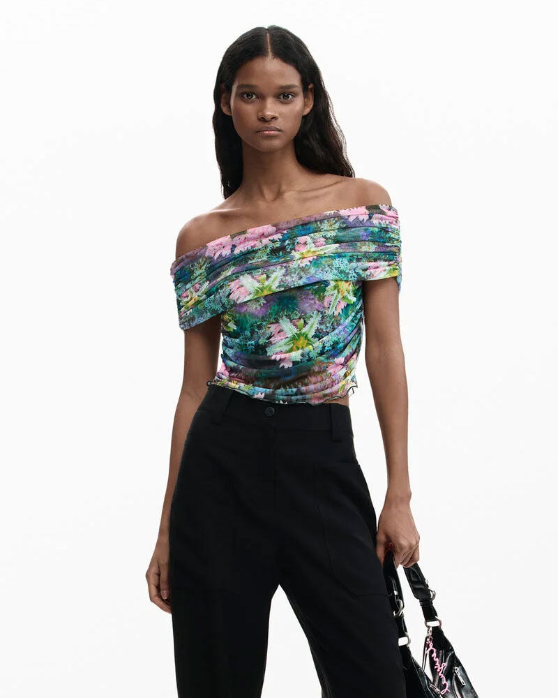 Desigual Maglietta a Fiori con Scollo a Barca Colore Verde