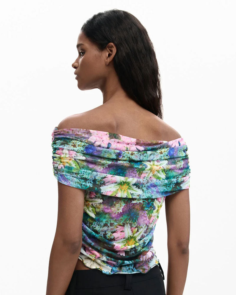 Desigual Maglietta a Fiori con Scollo a Barca Colore Verde