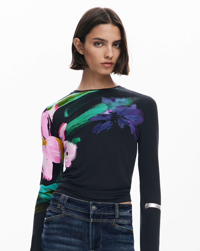 Desigual Maglietta a Maniche Lunghe con Fiori da Donna
