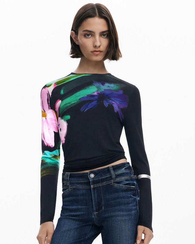 Desigual Maglietta a Maniche Lunghe con Fiori da Donna