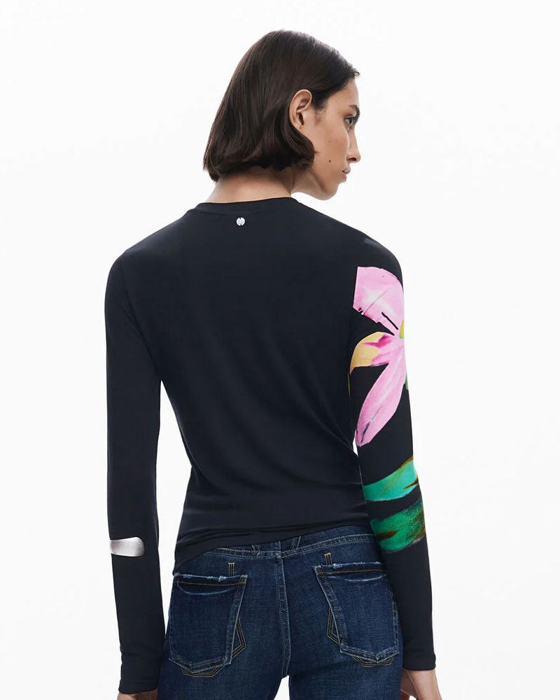 Desigual Maglietta a Maniche Lunghe con Fiori da Donna