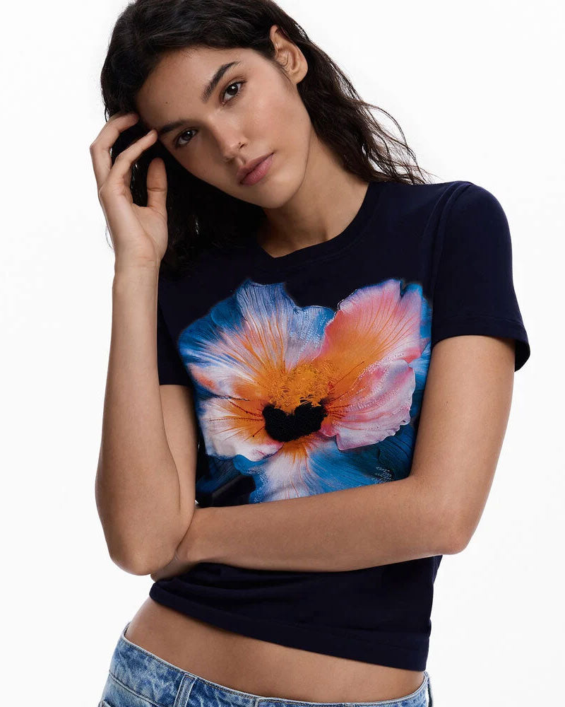 Desigual Maglietta con Grande Fiore Colore Blu
