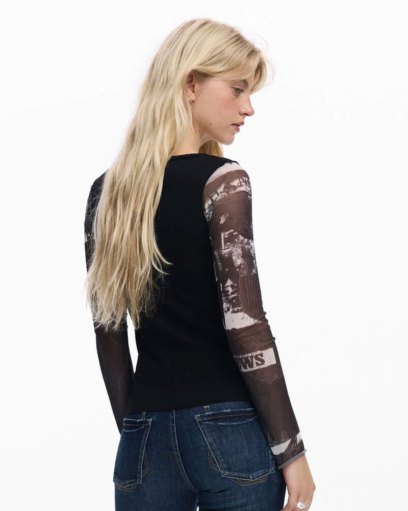 Desigual Maglietta con Maniche in Chiffon Colore Nero da Donna