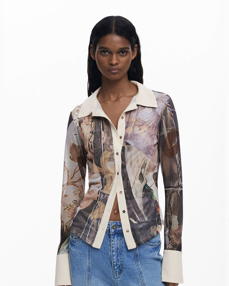 Desigual Maglietta in Chiffon con Polsini Colore Beige