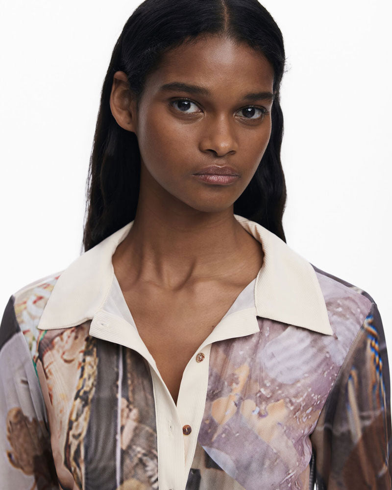 Desigual Maglietta in Chiffon con Polsini Colore Beige