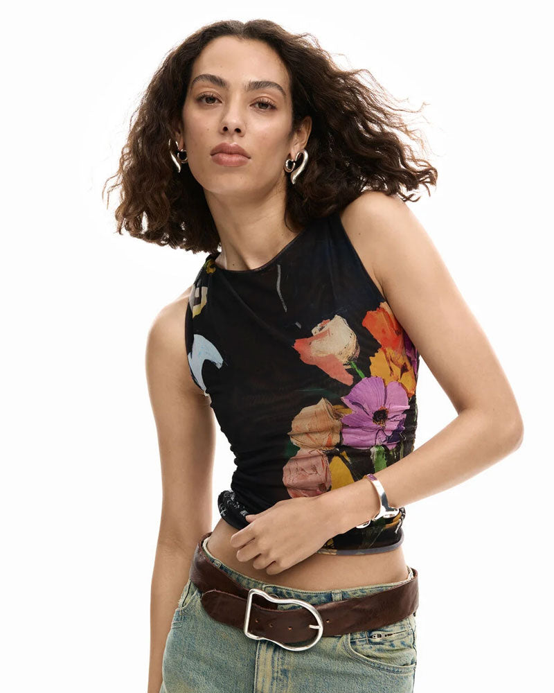 Desigual Maglietta in Tulle con Fiori Colore Nero