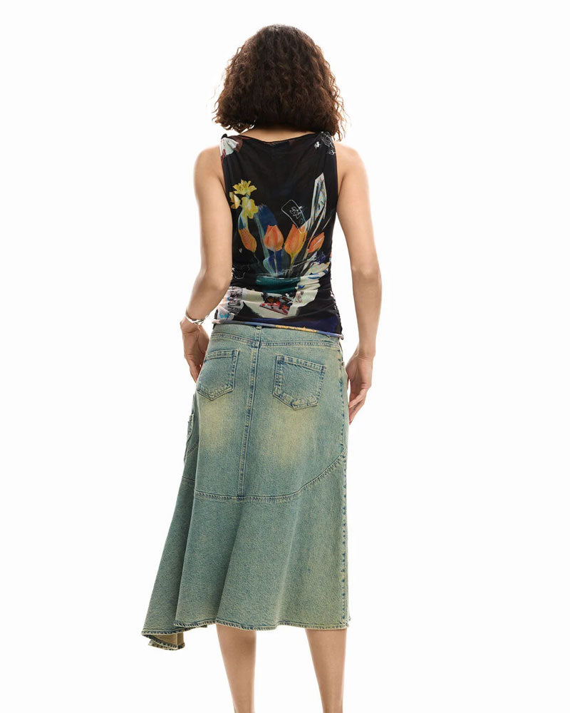 Desigual Maglietta in Tulle con Fiori Colore Nero