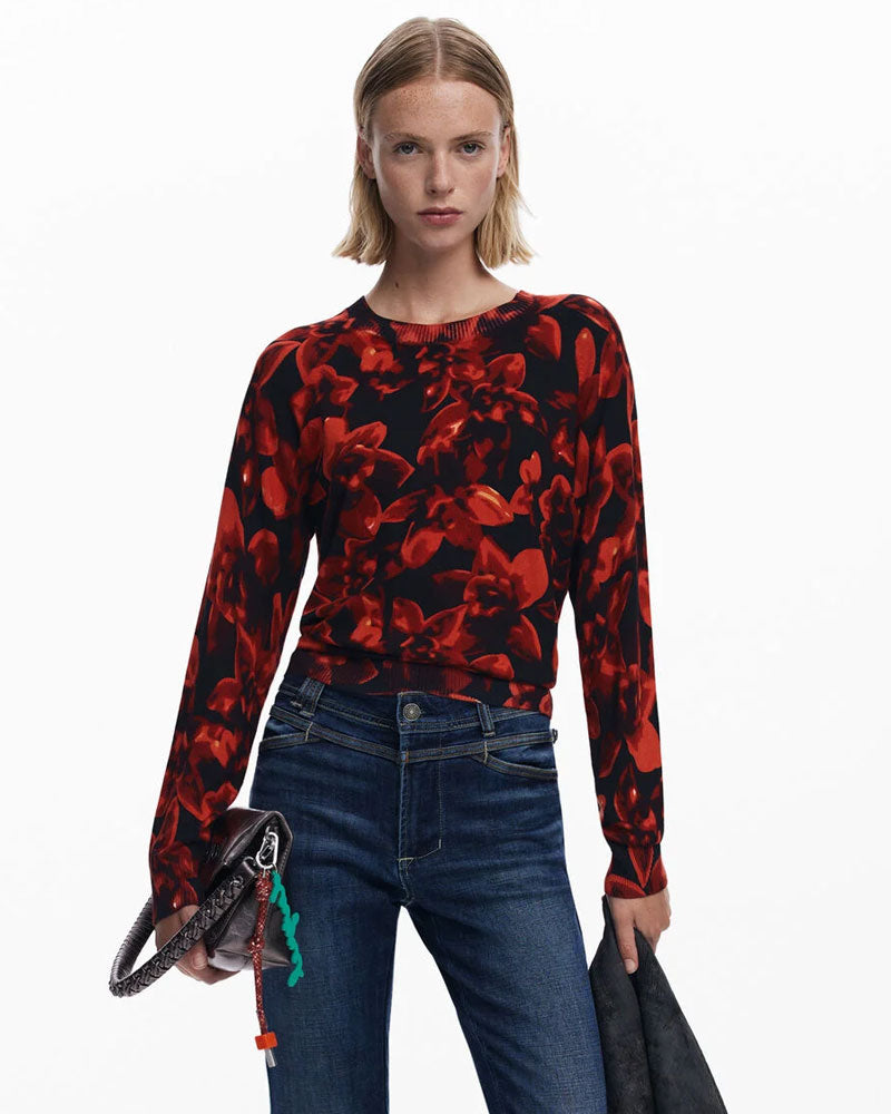 Desigual Maglione Leggero a Fiori da Donna Colore Rosso