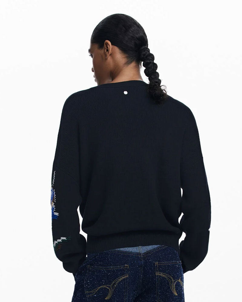 Desigual Maglione in Jacquard con Fiori Ricamati Colore Nero da Donna