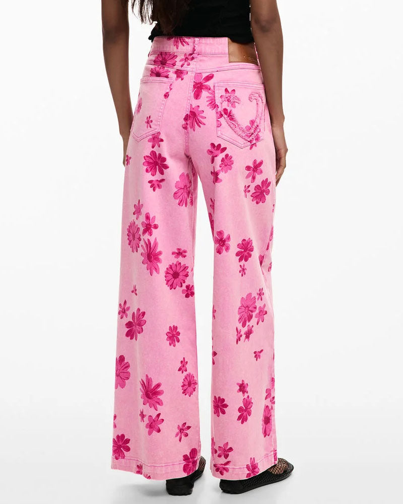 Desigual Pantaloni Jeans a Fiori Colore Rosa