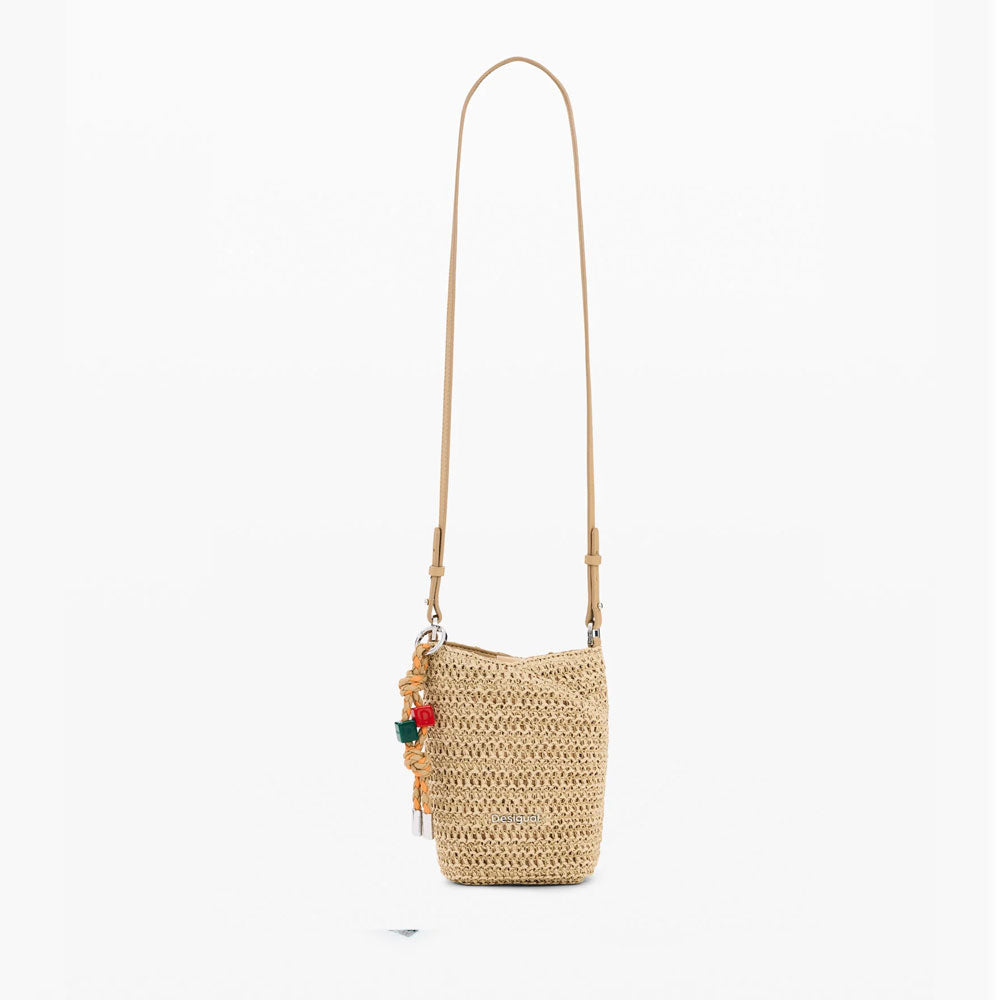 Desigual Porta Cellulare in Rafia con Charms Colore Beige