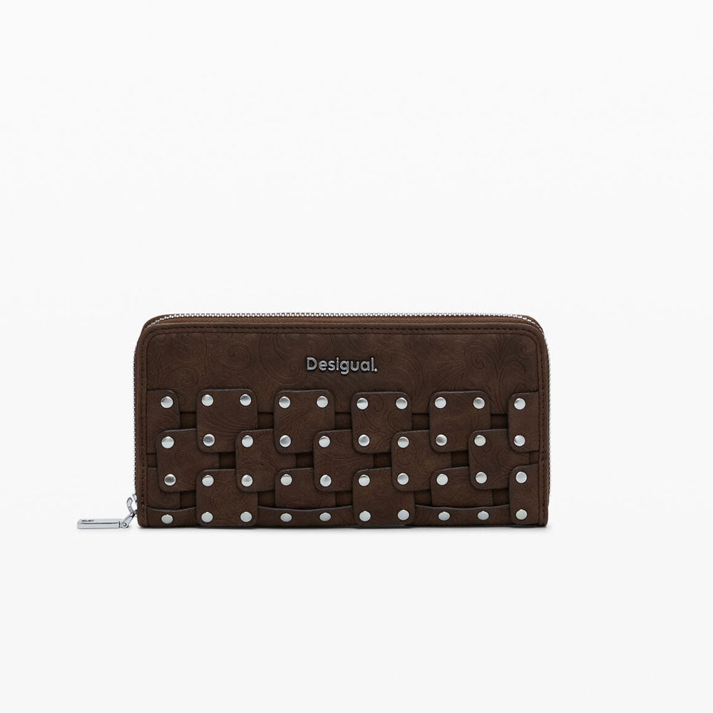Desigual Portamonete Grande Effetto Pelle con Borchie Colore Marrone