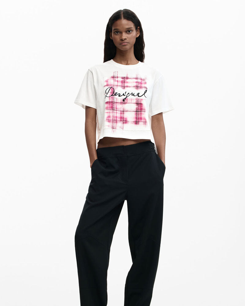 Desigual T-Shirt Logo a Quadri Colore Bianco