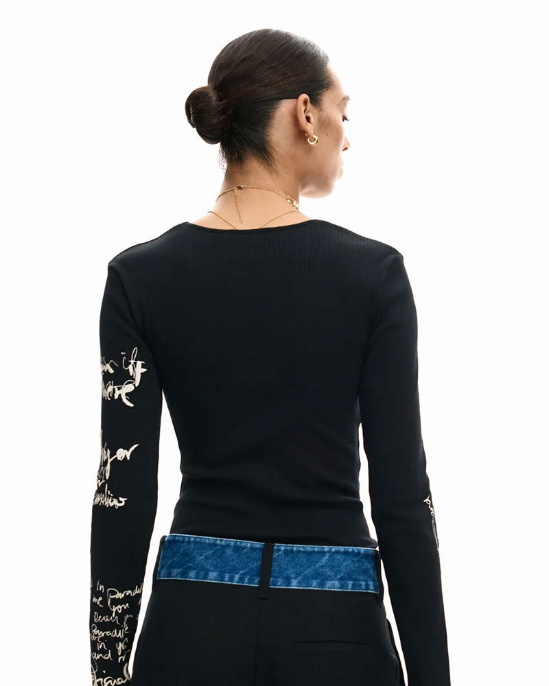 Desigual T-Shirt con Apertura con Lettering Colore Nero