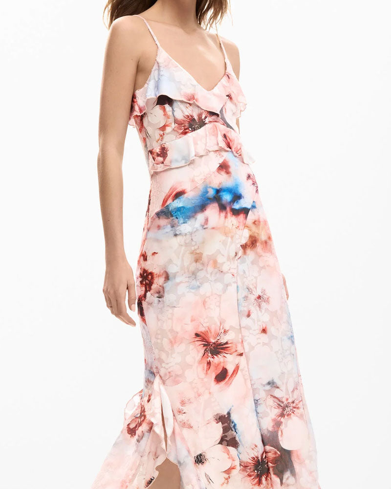 Desigual Vestito a Fiori con Volant Colore Rosa