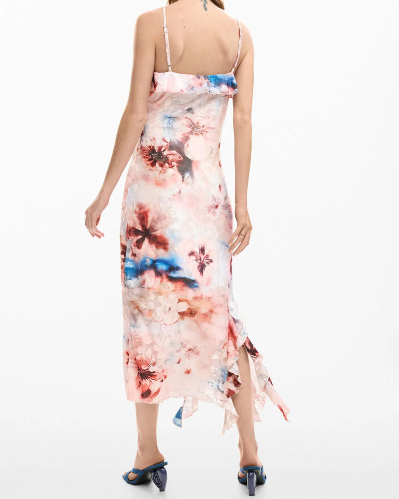 Desigual Vestito a Fiori con Volant Colore Rosa